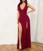 Womens Solid-Color Deep V-Neck Sexy Slip Dress