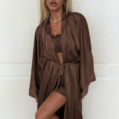 Satin Crop Top Shorts And Robe Three-piece Set