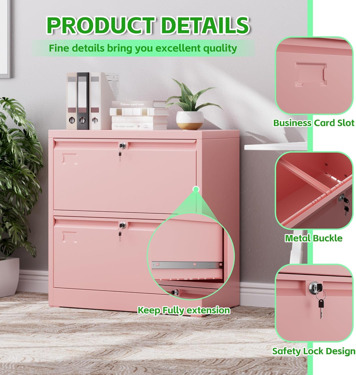 Metal 2 Drawer Lateral File Cabinet With 2 Lock - Wide Filing Cabinet For Letter Legal F4 A4 Hanging Files - Includes Business Card Holder,Home Office School Storage,Pink