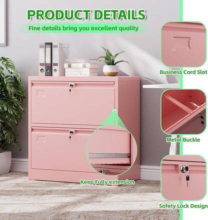 Metal 2 Drawer Lateral File Cabinet With 2 Lock - Wide Filing Cabinet For Letter Legal F4 A4 Hanging Files - Includes Business Card Holder,Home Office School Storage,Pink