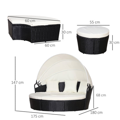 Five-Piece Rattan Garden Bed, With Canopy - Black/White