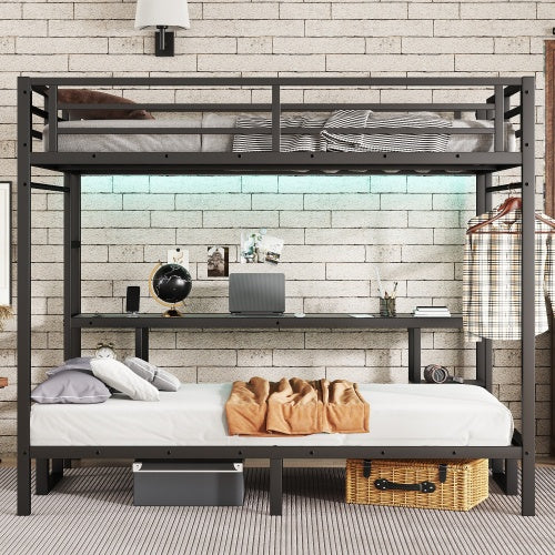 Queen Over Twin XL Metal Bunk Bed Loft Bed With Desk And Shelves, Multiple Uses Folds Into Sofa With LED And USB, Black