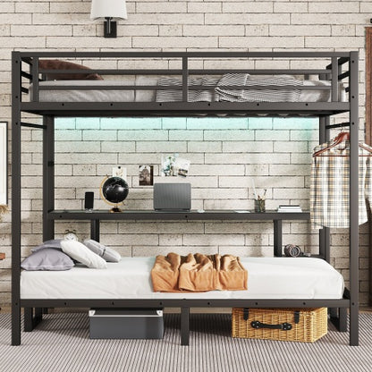 Queen Over Twin XL Metal Bunk Bed Loft Bed With Desk And Shelves, Multiple Uses Folds Into Sofa With LED And USB, Black