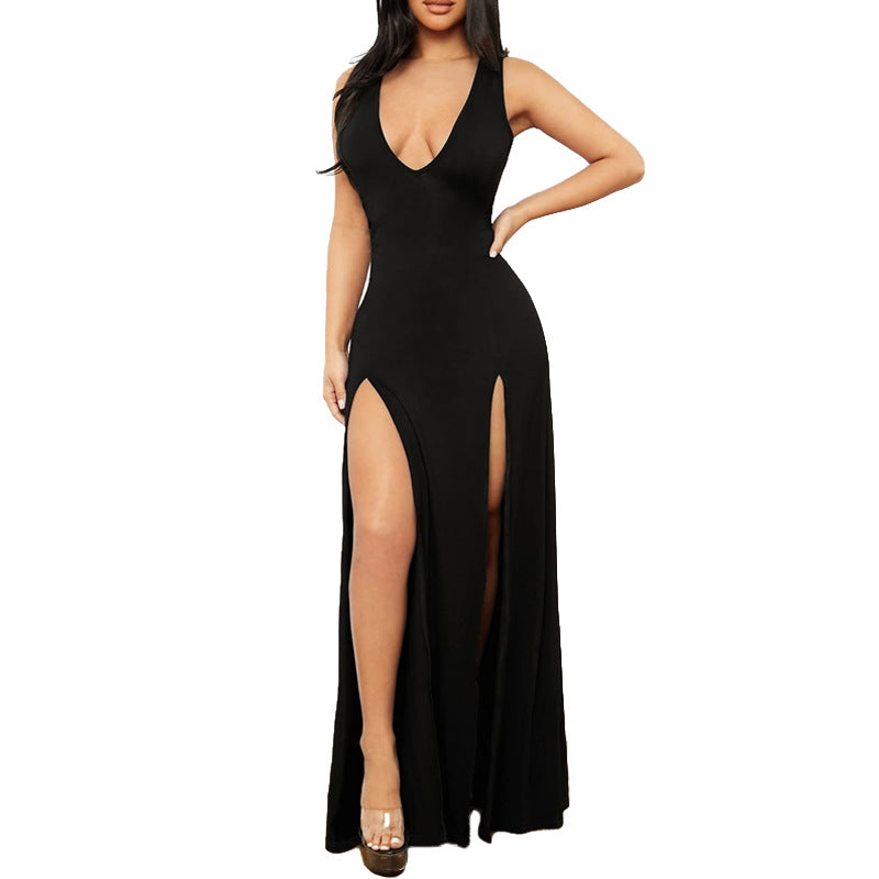 Womens Solid-Color Deep V-Neck Sexy Slip Dress