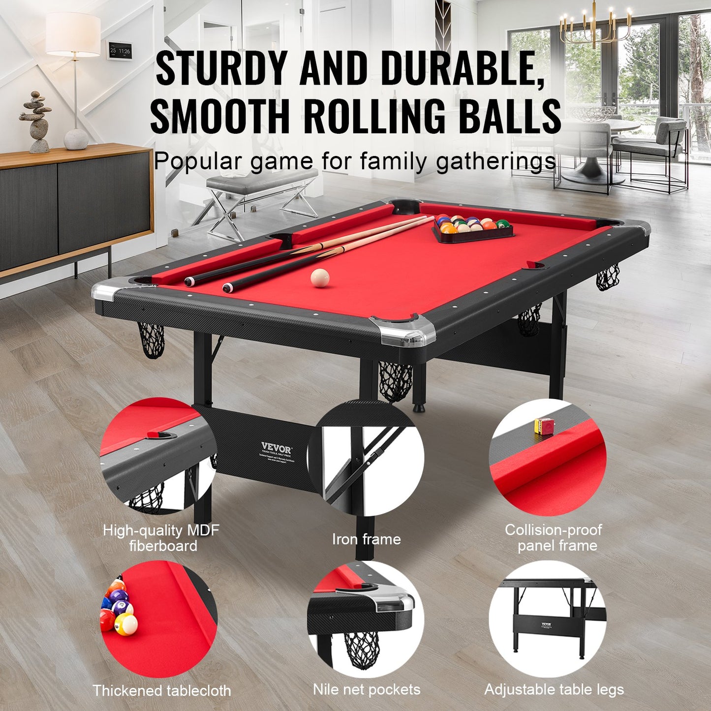Billiards Table, 192 Cm Pool Table, Portable Foldable Space-Saving Table, Billiard Table Set Includes Balls, Cues, Chalks And Brush, Black With Red Cloth, Perfect For Family Game Room Kid Adult