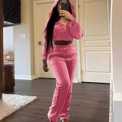 Stylish Casual Womens Two-Piece Sweatshirt Set Zip-Up Hoodie And Long Pants Combo