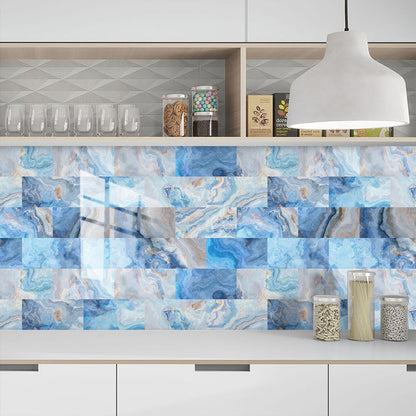 Sea Blue Marble Wall Stickers Waterproof Oil Resistant Self-adhesive Wall Panels PVC Leather Stickers Wallpaper Modern Style For Kitchen, Bathroom, Laundry Room, Wall Decoration