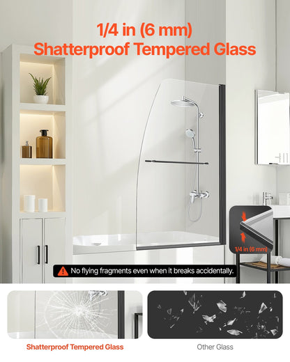 Frameless Bathtub Shower Door, 34 In. W X 55 In. H, Half Shower Door For Bathtub, 180° Rotatable Tempered Glass Door, Half Shower Door With 1/4 In Tempered Glass Bathroom Shower Screen, Black