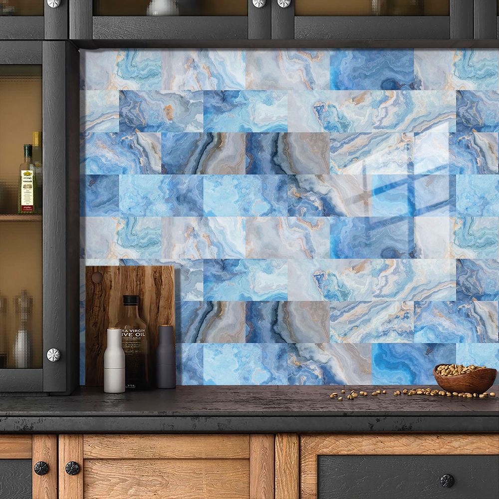 Sea Blue Marble Wall Stickers Waterproof Oil Resistant Self-adhesive Wall Panels PVC Leather Stickers Wallpaper Modern Style For Kitchen, Bathroom, Laundry Room, Wall Decoration