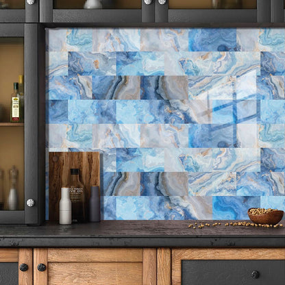 Sea Blue Marble Wall Stickers Waterproof Oil Resistant Self-adhesive Wall Panels PVC Leather Stickers Wallpaper Modern Style For Kitchen, Bathroom, Laundry Room, Wall Decoration