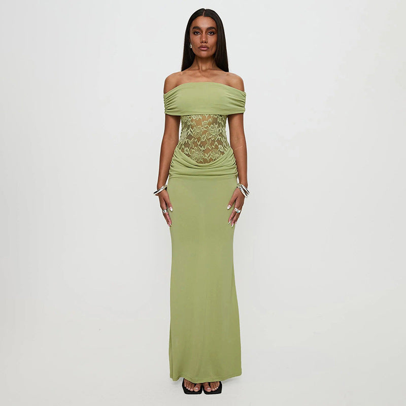 Women's Solid Color Off-the-shoulder Stitching Lace Extra Long Dress