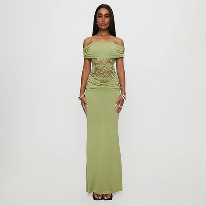 Women's Solid Color Off-the-shoulder Stitching Lace Extra Long Dress