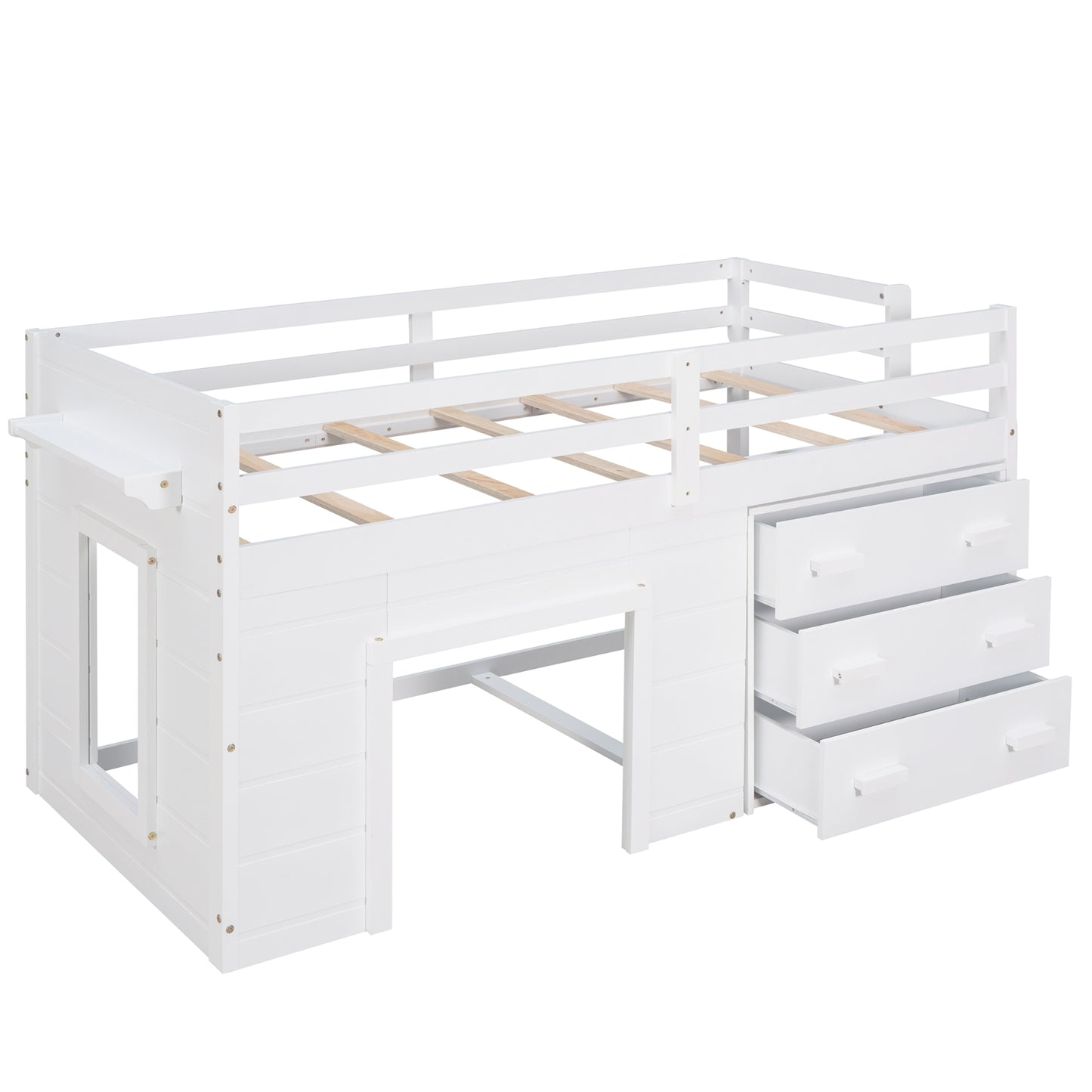 Twin Size Loft Bed With Cabinet And Shelf - White