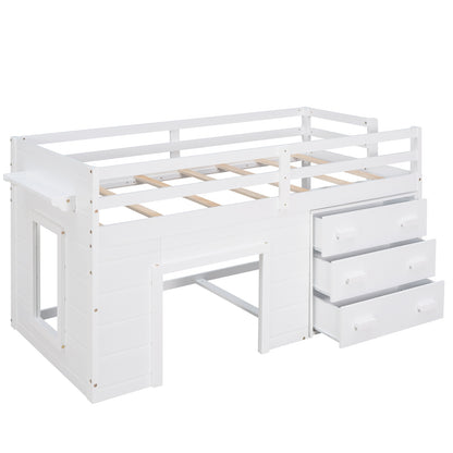 Twin Size Loft Bed With Cabinet And Shelf - White