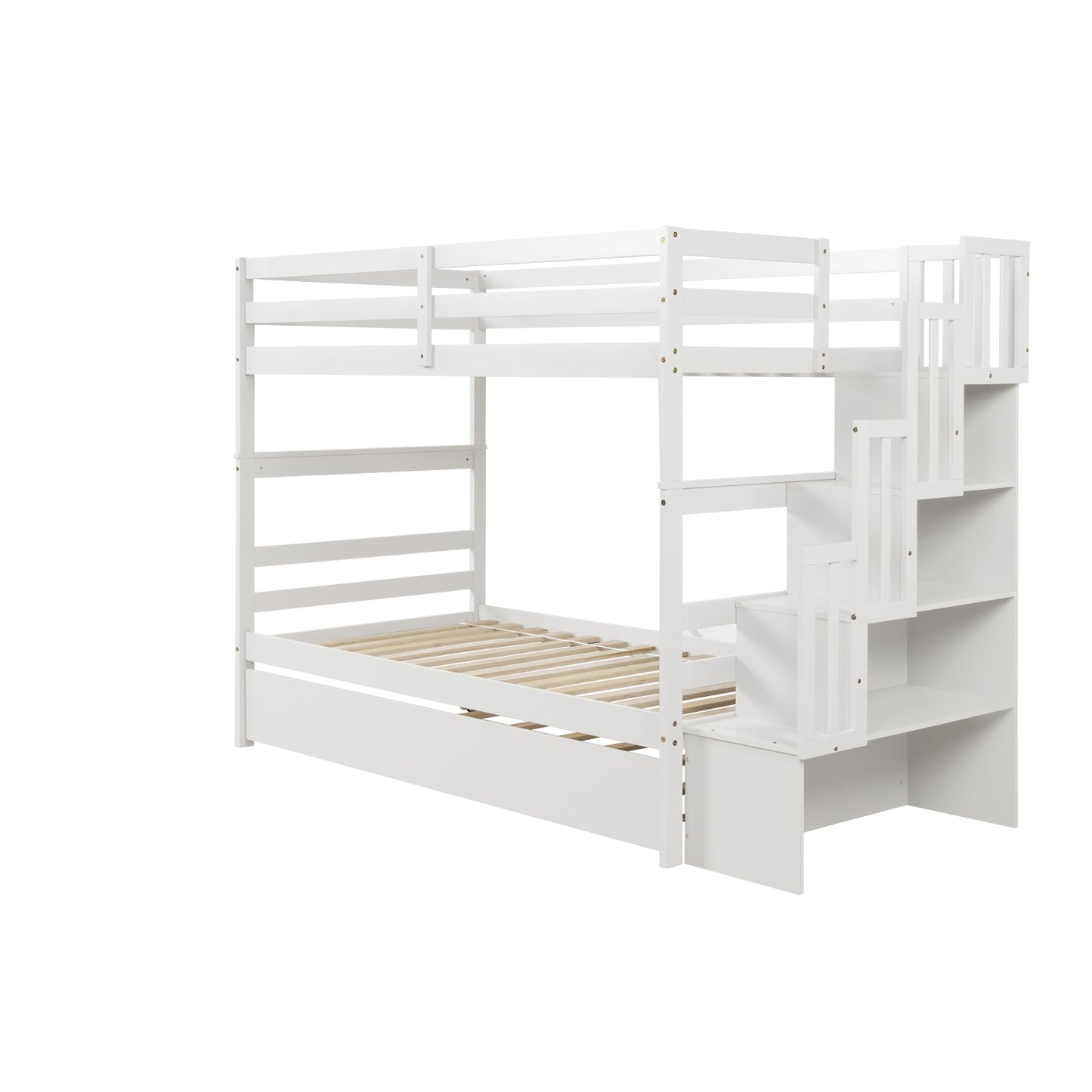 Twin Bunk Beds With Trundle & Stairway Storage In White