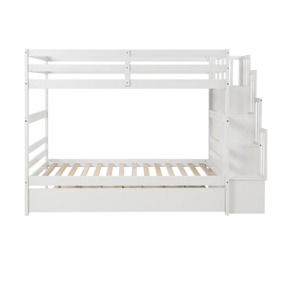 Twin Bunk Beds With Trundle & Stairway Storage In White
