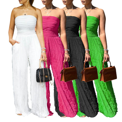 Womens Solid-Color Strapless Sleeveless Wide-Leg Casual Jumpsuit