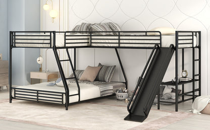 L-Shaped Twin Full Bunk Bed With Loft, Desk  Slide, Black