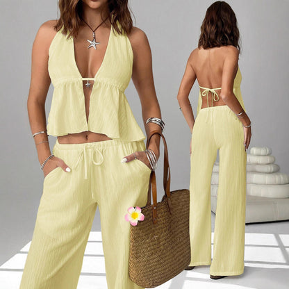 Halterneck Strap Sexy Backless Sleeveless Tank Top And Slim-fit Set