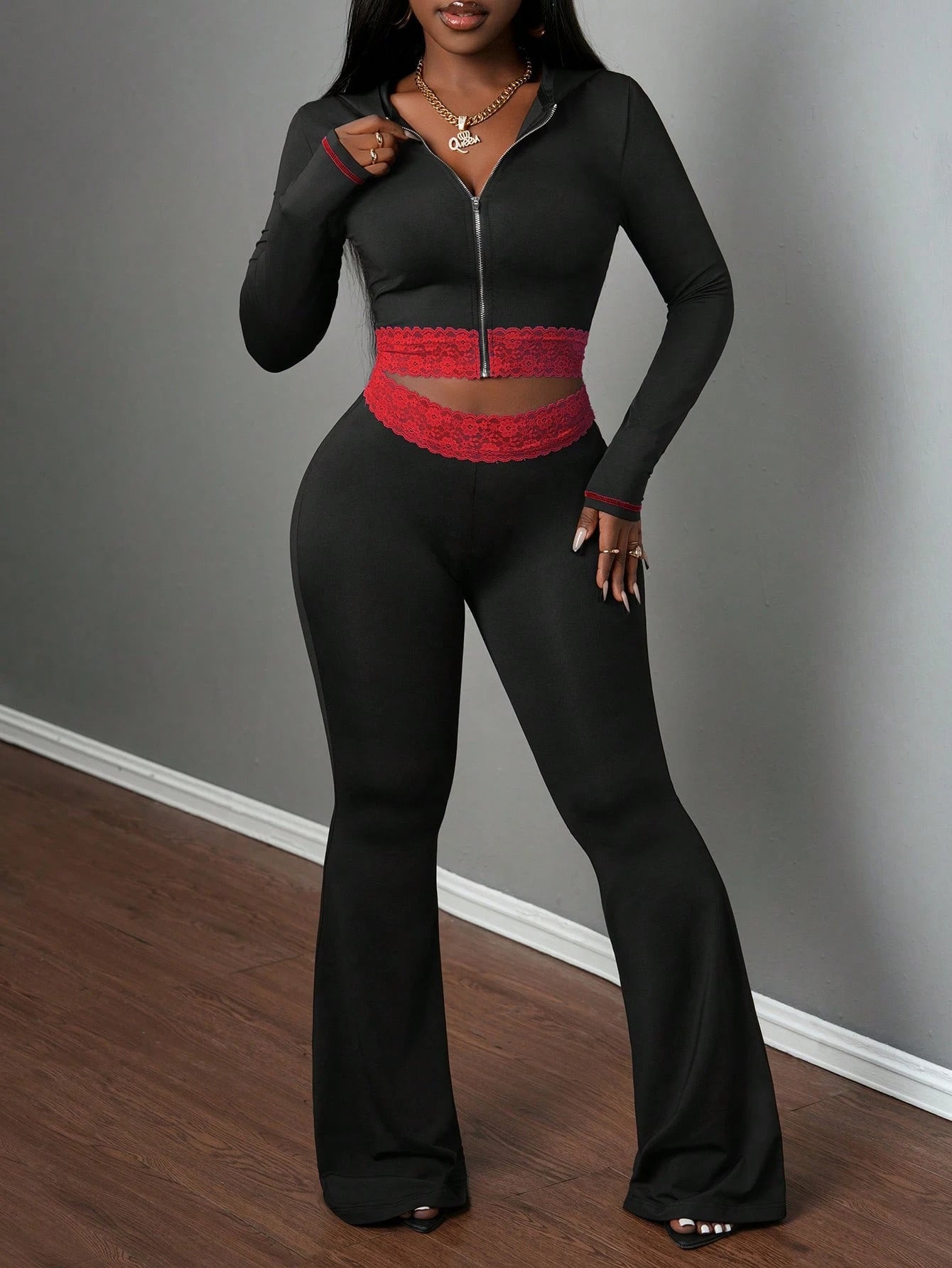 Fashionable Solid-Color Patchwork Lace Casual Jacket And Pants Set