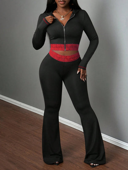 Fashionable Solid-Color Patchwork Lace Casual Jacket And Pants Set