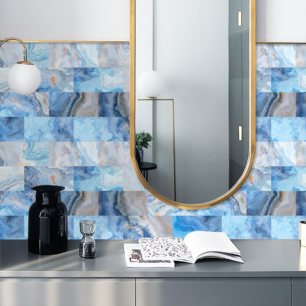 Sea Blue Marble Wall Stickers Waterproof Oil Resistant Self-adhesive Wall Panels PVC Leather Stickers Wallpaper Modern Style For Kitchen, Bathroom, Laundry Room, Wall Decoration