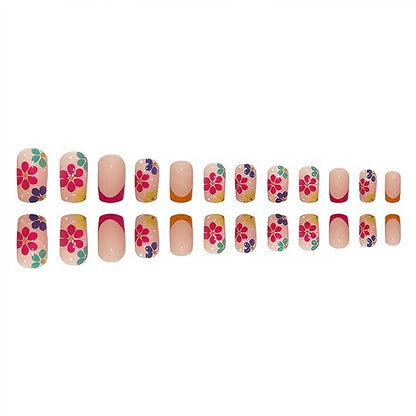 24 PCS Press On Nails Short Square Fake With Nail Glue French False Flower Designs Acrylic Artificial Full Cover Stick For Women