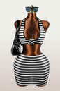 Fashionable Black-and-White Striped Printed Halterneck Sleeveless Midriff-Baring Tank Top And Sheath Mini Skirt Set