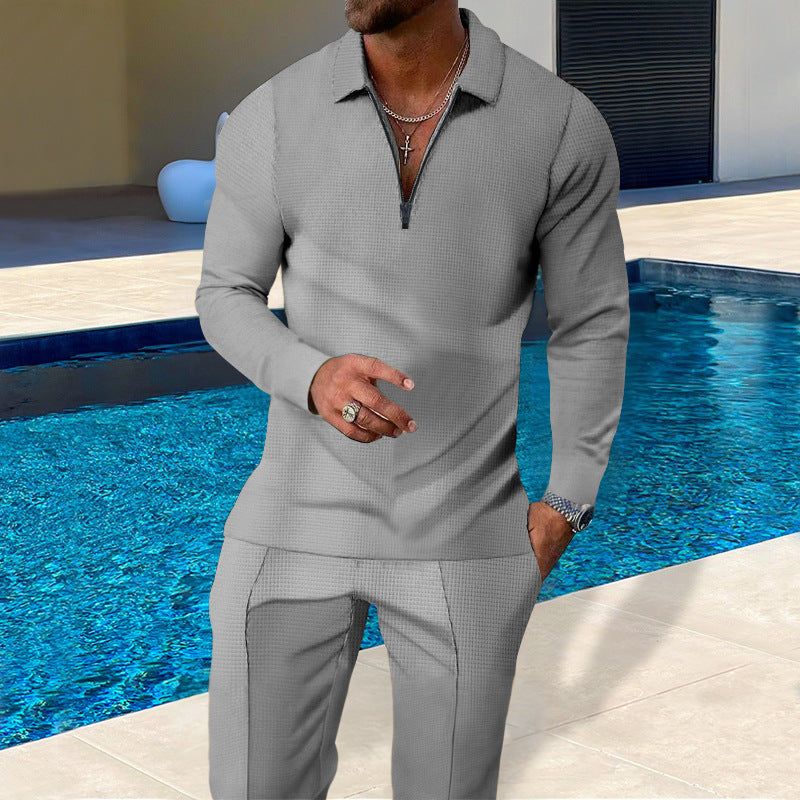 Men's Solid-Colored Waffle-Texture Top With Zipper And Lapel Plus Long Pants All-Season Casual Suit