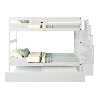 Twin Bunk Beds With Trundle & Stairway Storage In White