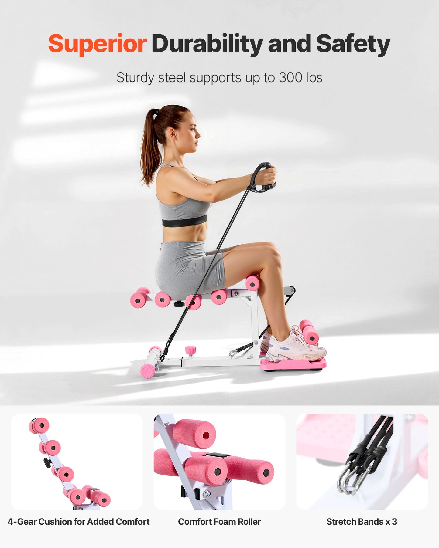 Deep Squat Machine, Adjustable Glutes Trainer Machine With 3 High-Strength Resistance Bands, Folding Core Leg & Glutes Exercise Trainer, Push Up Workout Equipment At Home Gym, Pink + White